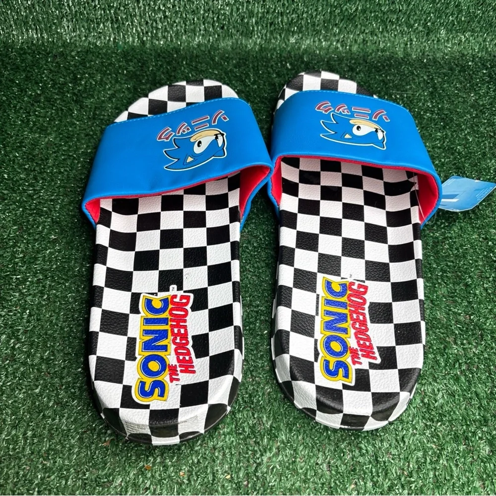 NEW Sonic The Hedgehog‎ Flip Flops Blue Black White Checkered Mens Size 13